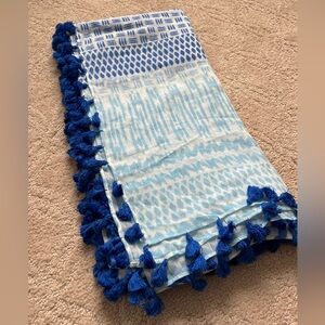 Blue and White Patterned Scarf with Tassels